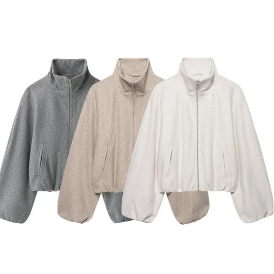 Damen Kurz geschnittene Wollmix-Jacke mit Stehkragen, Reißverschluss und Ballonärmeln Nord Taschen