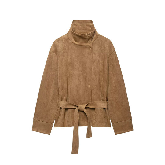 Damen Kurze Velourslederjacke mit hohem Stehkragen und Bindegürtel Nord Taschen