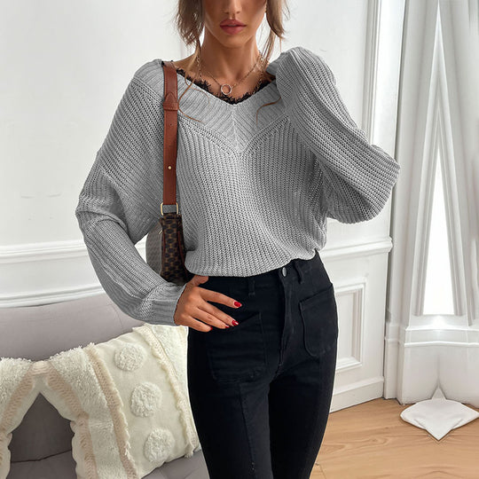 Damen Oversize V-Ausschnitt Strukturstrick-Pullover mit überschnittener Schulter und lockerer Silhouette Nord Taschen