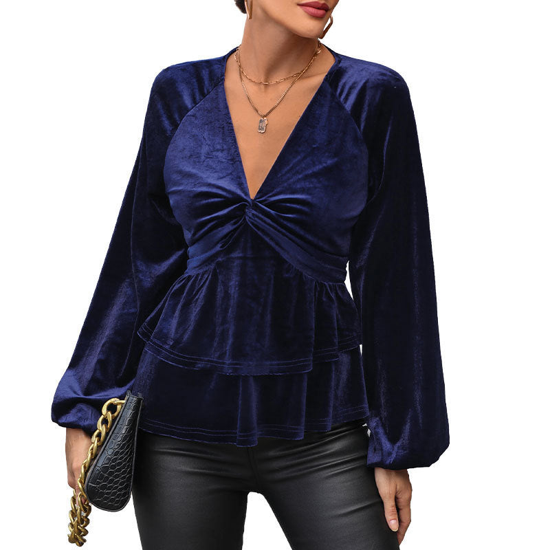 Damen Samtbluse mit tiefem V-Ausschnitt, Twist-Detail und zweistufigem Volant Nord Taschen