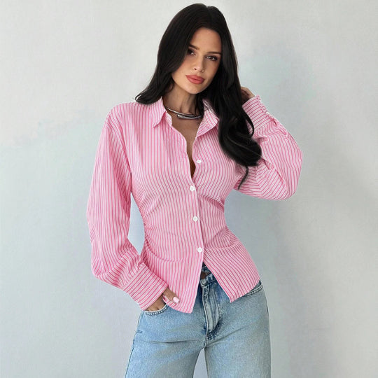 Damen Taillierte Streifen‑Hemdbluse mit Reverskragen und figurformender Taille Nord Taschen