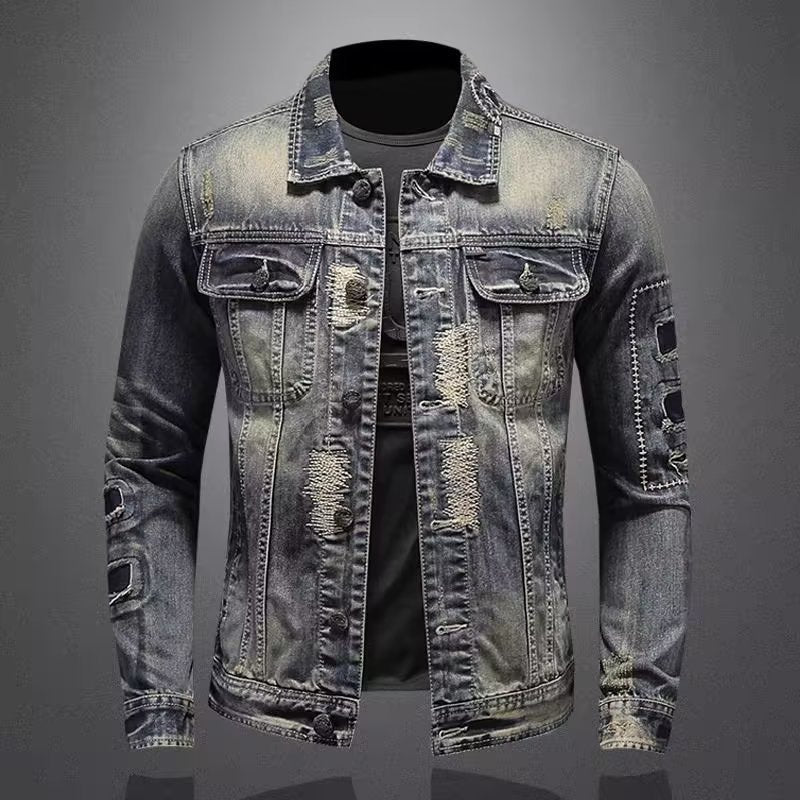 Herren Vintage-Jeansjacke mit Used-Effekten, Destroyed-Details und aufgesetzten Brusttaschen Nord Taschen