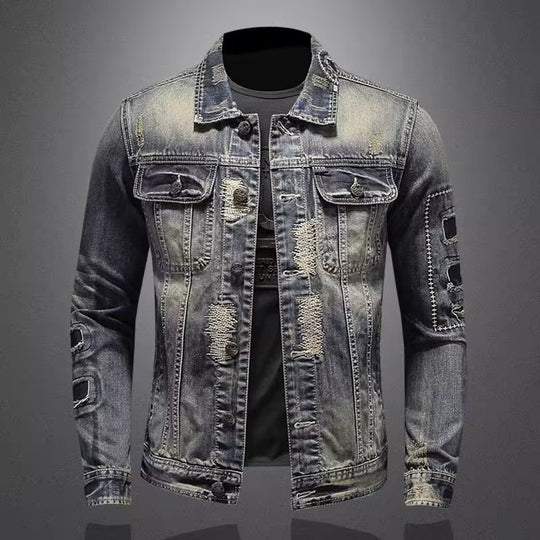 Herren Vintage-Jeansjacke mit Used-Effekten, Destroyed-Details und aufgesetzten Brusttaschen Nord Taschen