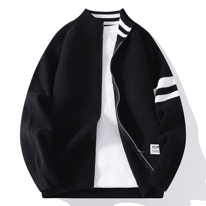 Herren gestrickte Zip-Cardigan im College-Stil mit gestreiftem Ärmelband und geripptem Stehkragen Nord Taschen