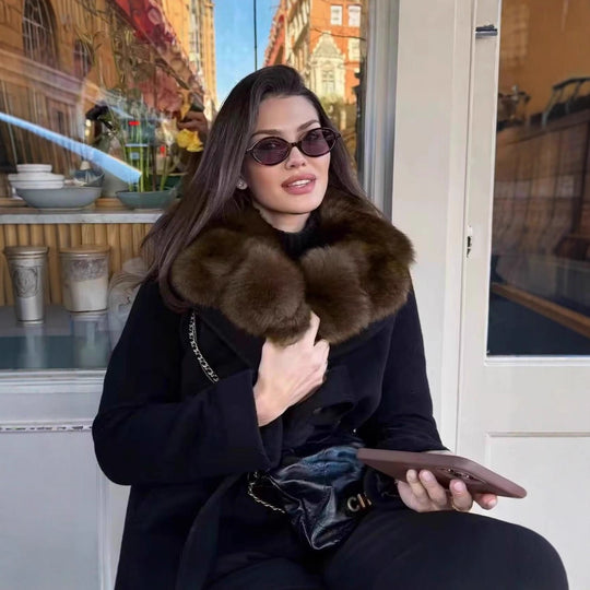 Damen Kurzer Wollmix-Mantel mit abnehmbarem Faux-Fur-Schalkragen und Taillengürtel Nord Taschen