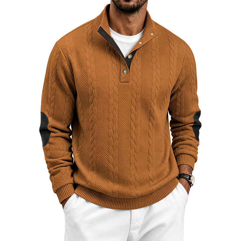 Herren Edler Zopfmuster-Strickpullover mit Kurzknopfleiste und Ellenbogenpatches Nord Taschen