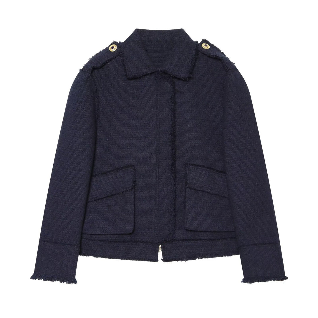 Damen Bouclé‑Tweed Kurzjacke mit Fransenbesatz, Schulterpatten und aufgesetzten Taschen Nord Taschen