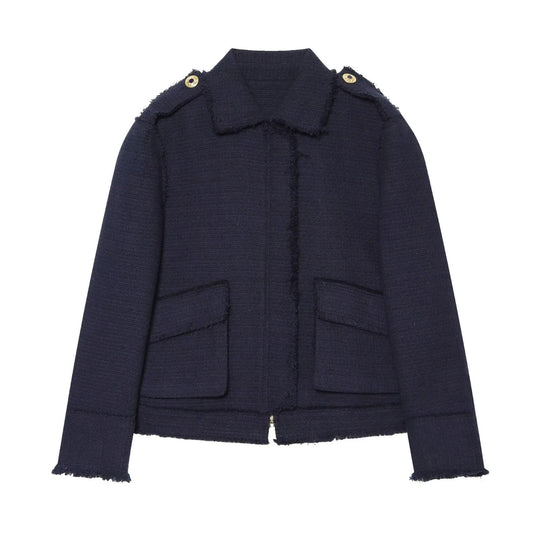 Damen Bouclé‑Tweed Kurzjacke mit Fransenbesatz, Schulterpatten und aufgesetzten Taschen Nord Taschen