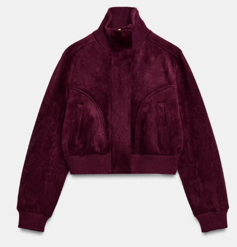 Damen Kurze Veloursleder-Bomberjacke mit hohem Rippenkragen, elastischem Saum und Eingrifftaschen Nord Taschen