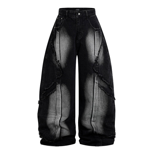 Damen Hochtaillierte weite Baggy-Jeans mit ausgefransten Lagenpanelen und Used-Look Nord Taschen