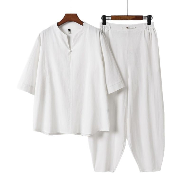 Herren Zweiteiliges Leichtes Leinen-Baumwoll-Set mit Mandarin-Kragen und elastischer Bundhose Nord Taschen