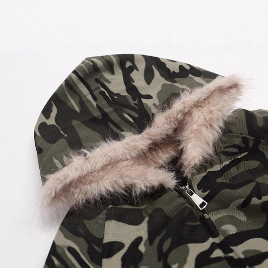 Unisex Wattierte Kapuzenjacke im Camouflagemuster mit Teddyfutter und elastischem Saum Nord Taschen