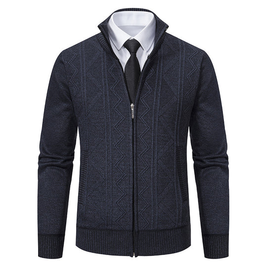 Herren Strukturiertes Feinstrick-Zipcardigan mit Stehkragen und geometrischem Zopfmuster Nord Taschen