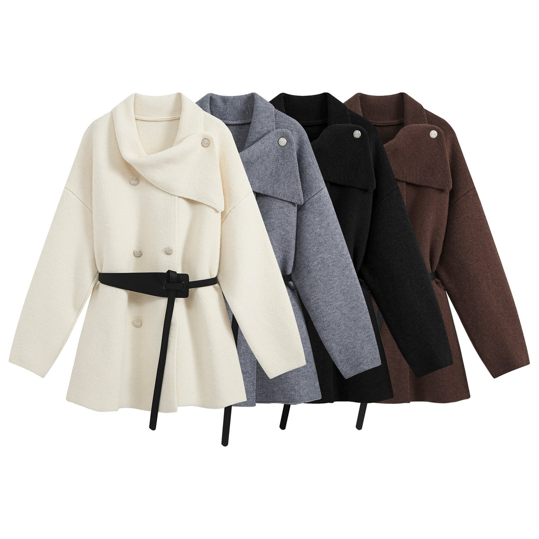 Damen Taillierter kurzer Wollmix‑Mantel mit asymmetrischem Stehkragen und Bindegürtel Nord Taschen