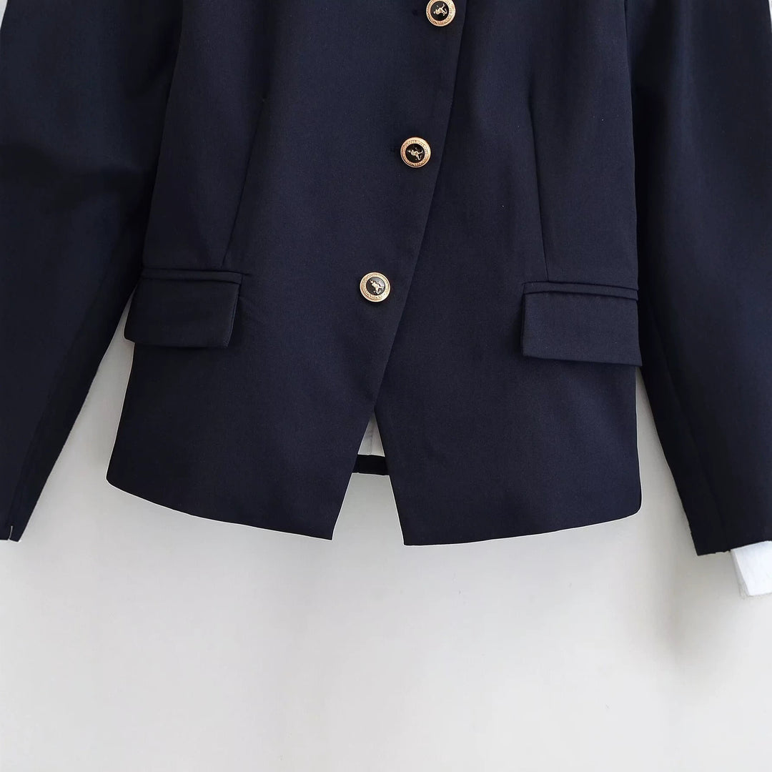 Damen Elegante taillierte Kurzjacke im Marine-Stil mit Stehkragen, Zierknopfleiste und Pattentaschen Nord Taschen