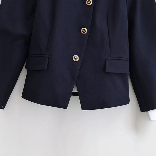 Damen Elegante taillierte Kurzjacke im Marine-Stil mit Stehkragen, Zierknopfleiste und Pattentaschen Nord Taschen