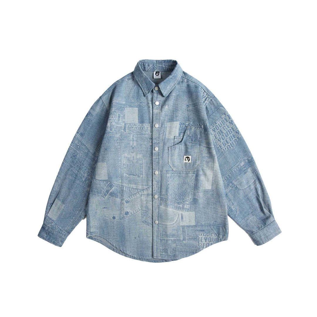 Unisex Oversize-Denim-Hemdjacke mit Patchwork-Print und Druckknopfblende Nord Taschen