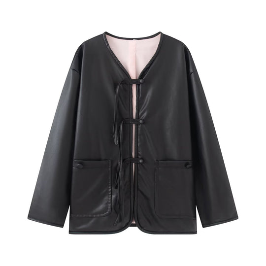 Damen Oversize Kunstlederjacke mit Bindebändern und aufgesetzten Taschen Nord Taschen