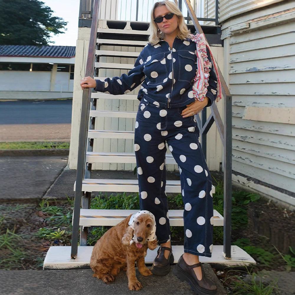 Damen weite Cargo-Hose mit hoher Taille, Punkteprint und sichtbaren Kontrastnähten Nord Taschen