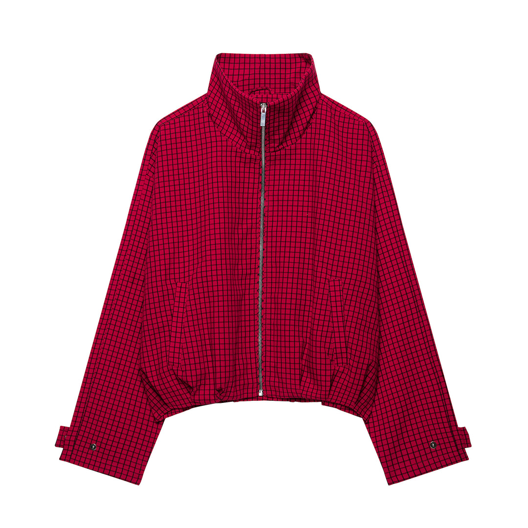 Damen Karierte Cropped Jacke mit Stehkragen und Reißverschluss Nord Taschen