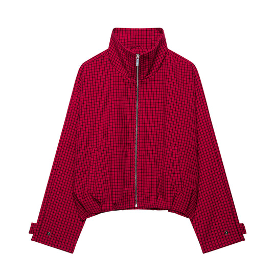 Damen Karierte Cropped Jacke mit Stehkragen und Reißverschluss Nord Taschen