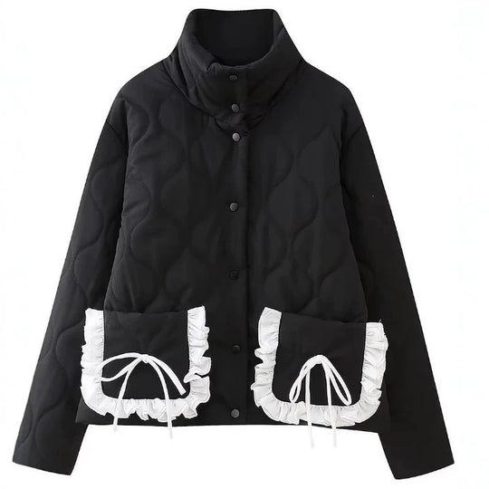 Damen Steppjacke mit Stehkragen und kontrastverzierten Rüschen-Taschen Nord Taschen