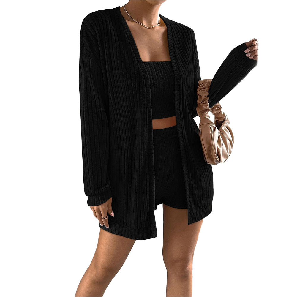 Damen gerippter Lounge-Zweiteiler mit offenem Longcardigan, tailliertem Bustier-Top und High‑Waist-Shorts Nord Taschen