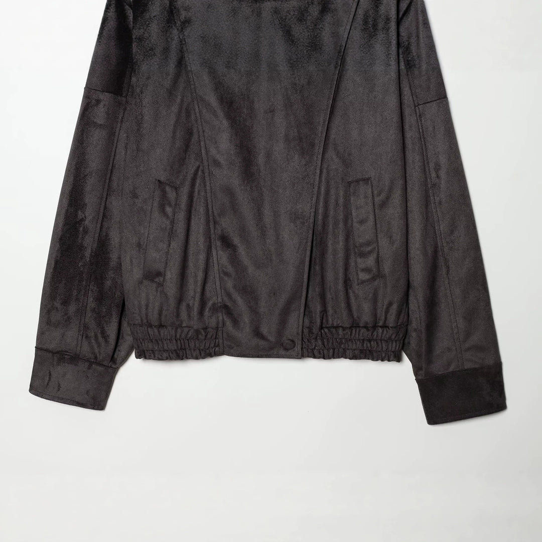 Damen Kurze Velours‑Optik Bomberjacke mit hohem Stehkragen und asymmetrischer Knopfleiste Nord Taschen
