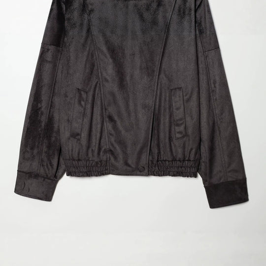 Damen Kurze Velours‑Optik Bomberjacke mit hohem Stehkragen und asymmetrischer Knopfleiste Nord Taschen