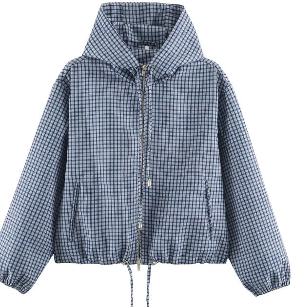 Damen Karierte Cropped Kapuzenjacke mit Tunnelzugsaum und Zwei‑Wege‑Reißverschluss Nord Taschen