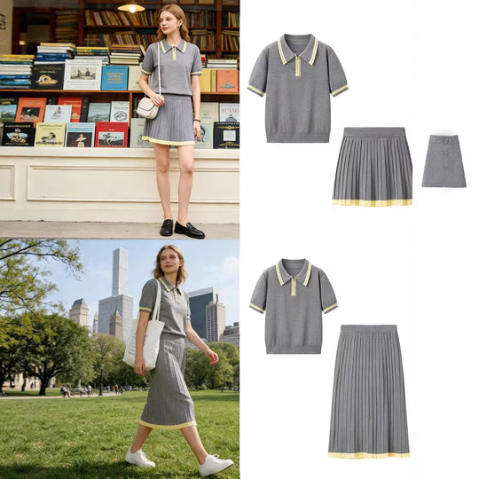 Damen Zweiteiliges Strick-Set mit Poloshirt und plissiertem Midirock Nord Taschen
