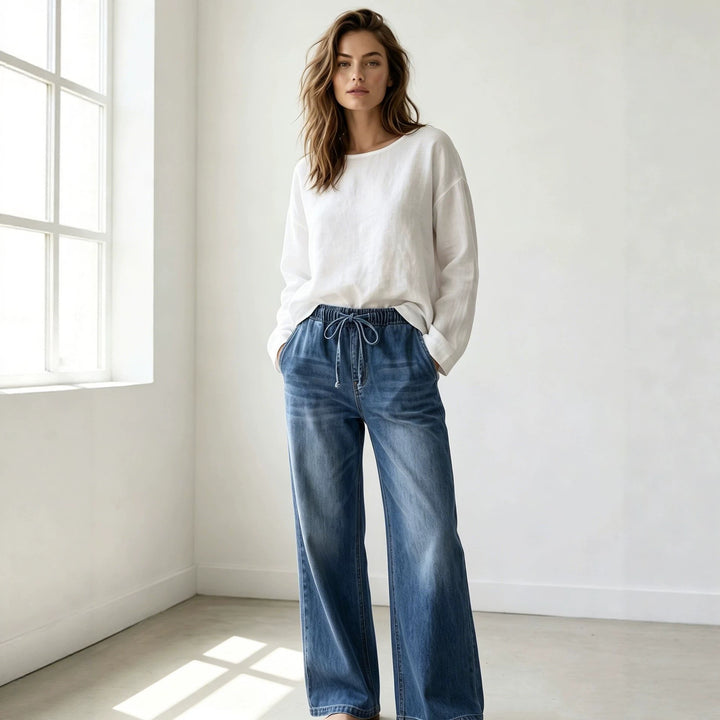 Damen Relaxed-Fit Denim-Hose mit elastischem Tunnelzugbund, dezentem Used-Effekt und weitem Bein Nord Taschen