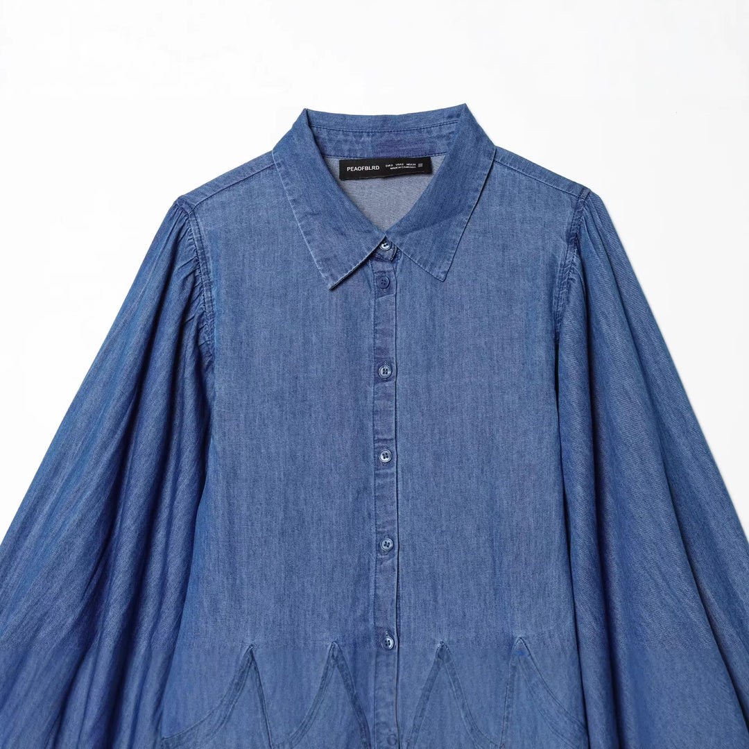 Damen Knielanges Hemdblusenkleid aus Denim mit Ballonärmeln und Faltenrock Nord Taschen