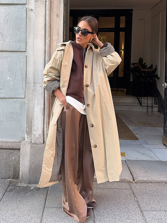 Damen Maxilanger Trenchcoat mit Karofutter, weitem Fall & klassischer Knopfleiste Nord Taschen