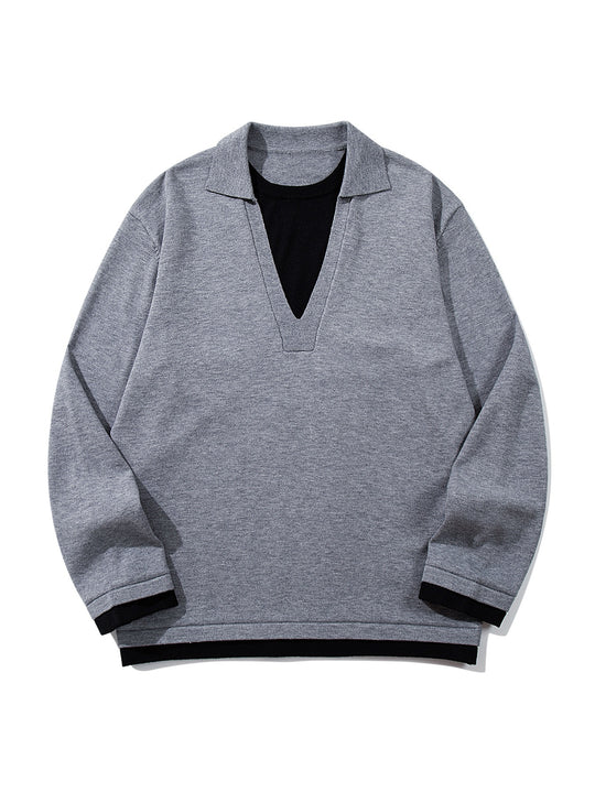 Unisex Lässiger Oversize Strickpullover mit tiefem V Einsatz und Hemd‑Layer Optik Nord Taschen