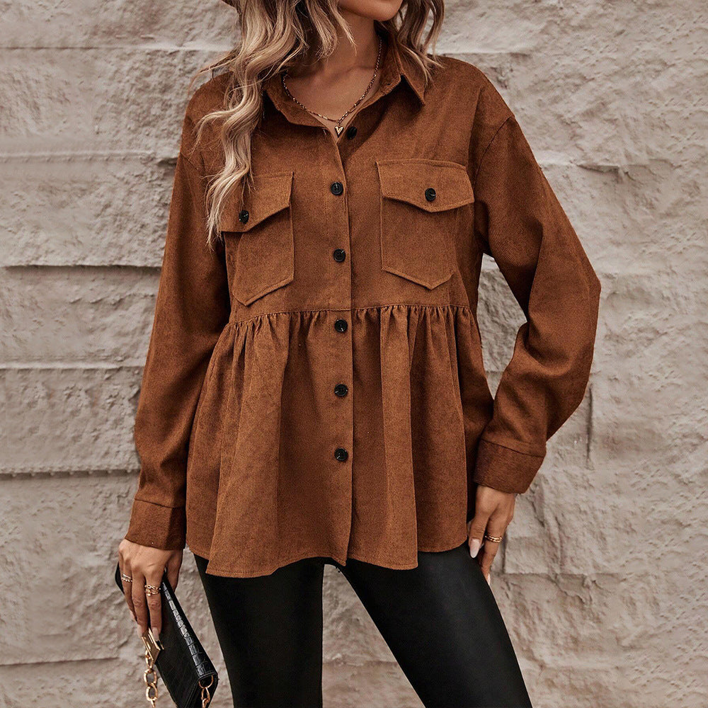 Damen Cord-Peplum-Bluse mit Hemdkragen aufgesetzten Brusttaschen und durchgehender Knopfleiste Nord Taschen