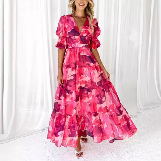 Damen nan mehrlagiges Maxikleid im Volant‑Stufenlook mit V‑Ausschnitt und geraffter Empire‑Taille