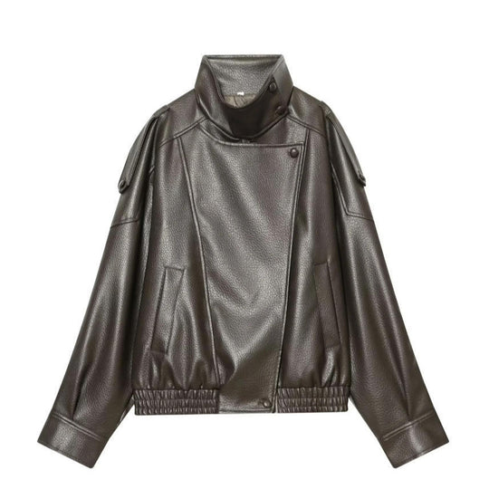 Damen Cropped Kunstleder‑Bomber mit asymmetrischer Druckknopfblende und Funnelkragen Nord Taschen