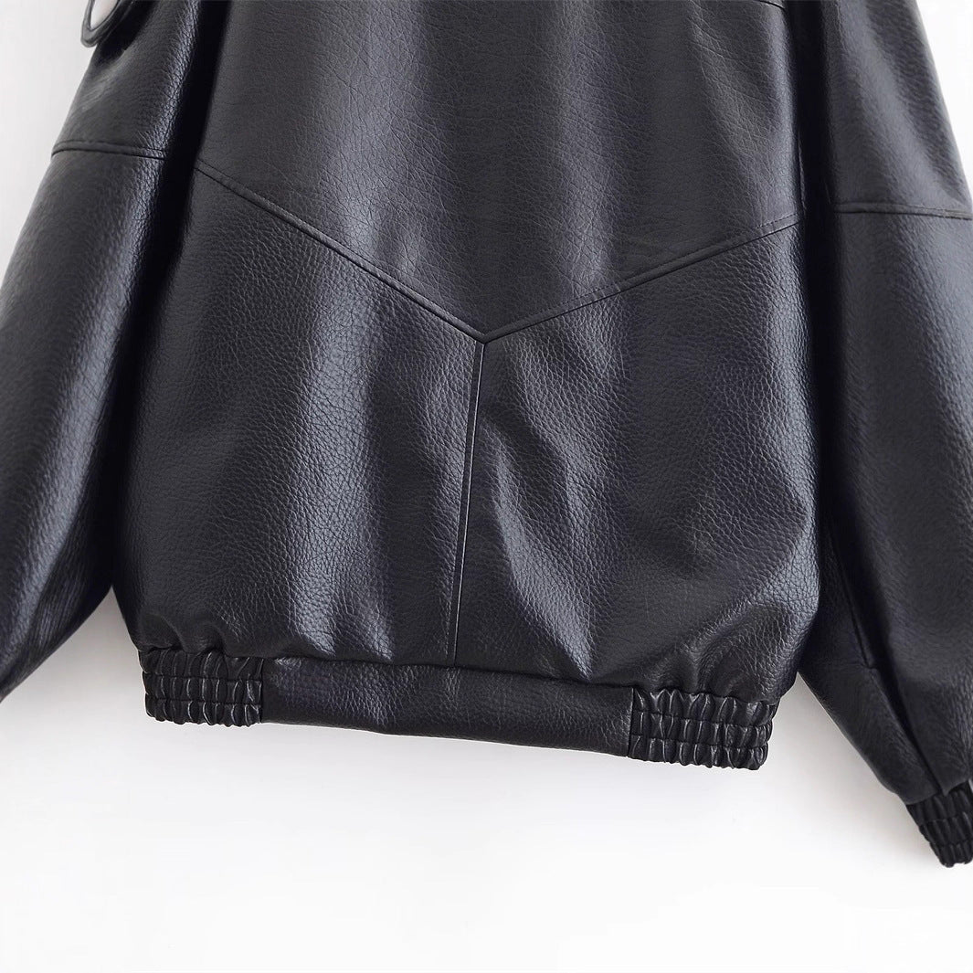 Damen Lederjacke mit hohem Stehkragen und asymmetrischer Druckknopfleiste Nord Taschen