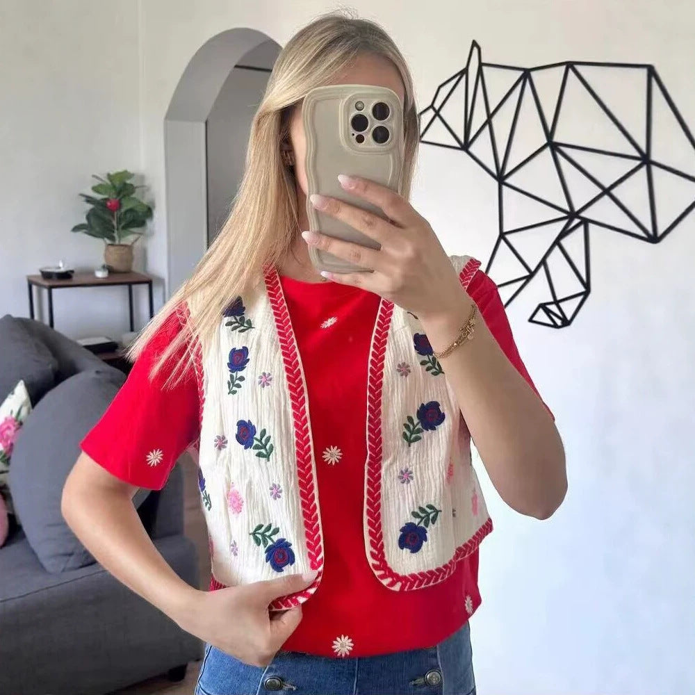Damen Bestickte Kurz-Weste im Boho‑Chic mit floralen Applikationen Nord Taschen