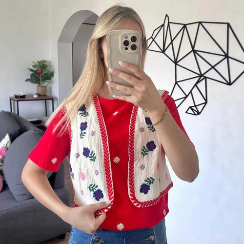 Damen Bestickte Kurz-Weste im Boho‑Chic mit floralen Applikationen Nord Taschen