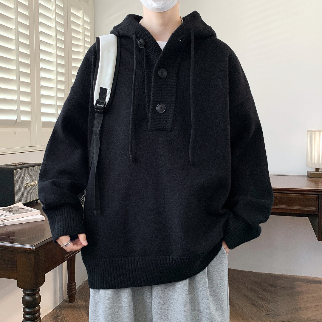 Unisex Oversize Strick-Hoodie mit Halbknopfblende und Rippbündchen Nord Taschen