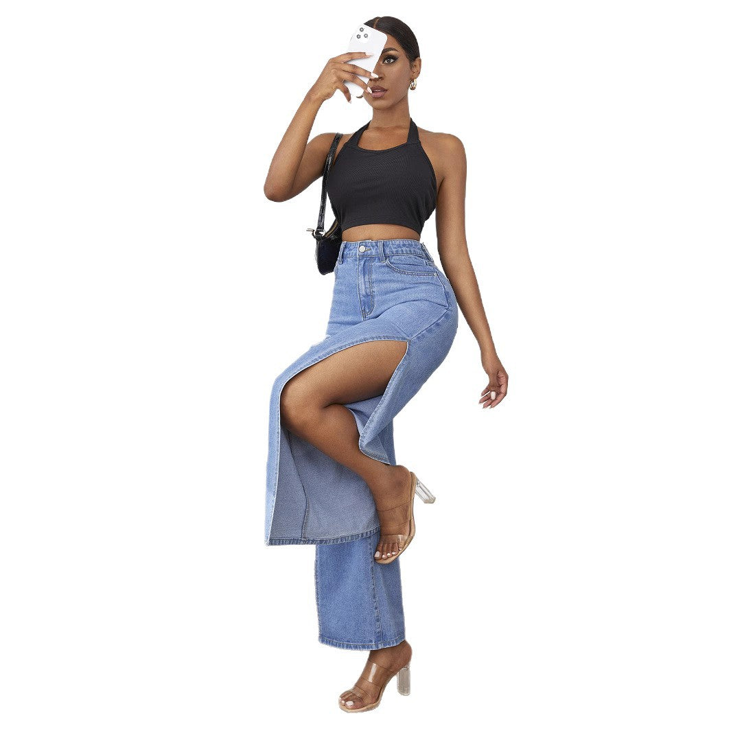 Damen weite High-Waist Denim-Jeanshose mit seitlichen Beinschlitzen und Destroyed-Kniepartien Nord Taschen
