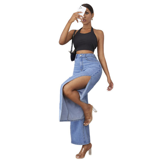 Damen weite High-Waist Denim-Jeanshose mit seitlichen Beinschlitzen und Destroyed-Kniepartien Nord Taschen