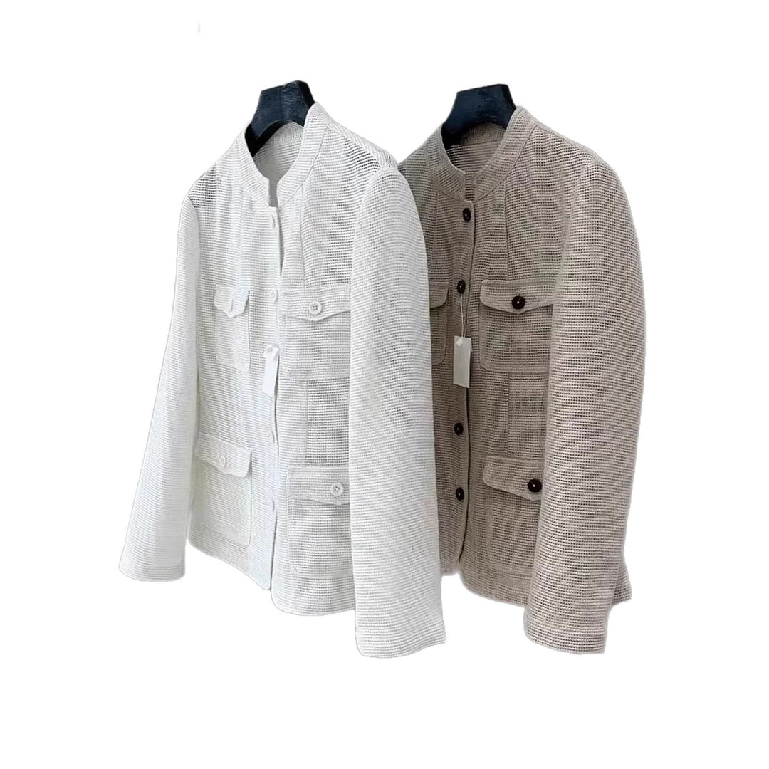 Damen Leichte Häkeloptik-Übergangsjacke mit Rundkragen und Pattentaschen Nord Taschen