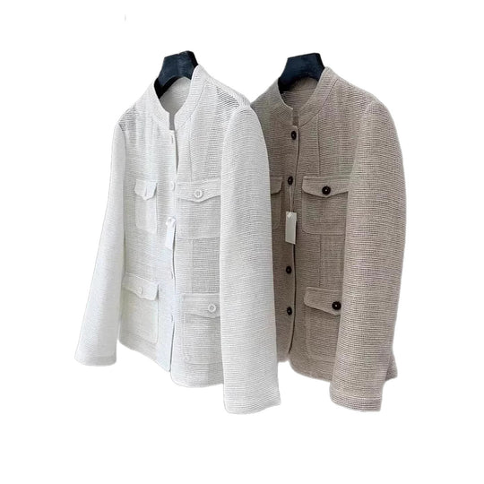 Damen Leichte Häkeloptik-Übergangsjacke mit Rundkragen und Pattentaschen Nord Taschen