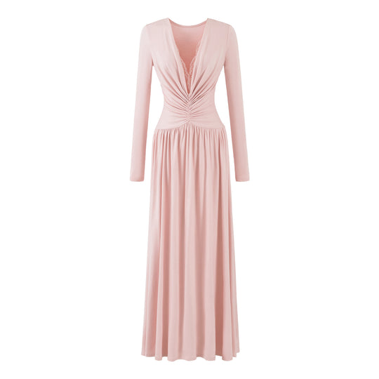 Damen Maxikleid mit gerafftem Wickeloberteil, tiefem V‑Ausschnitt und Spitzenbesatz Nord Taschen