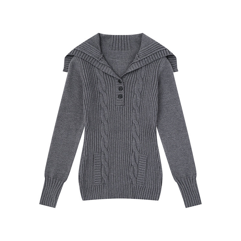 Damen Strickpullover mit Zopfmuster, Schalkragen und Knopfleiste Nord Taschen
