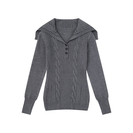 Damen Strickpullover mit Zopfmuster, Schalkragen und Knopfleiste Nord Taschen