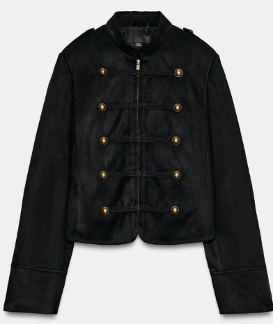Damen Kurz geschnittene Wollmix-Jacke mit Stehkragen, Reißverschluss und Ballonärmeln Nord Taschen
